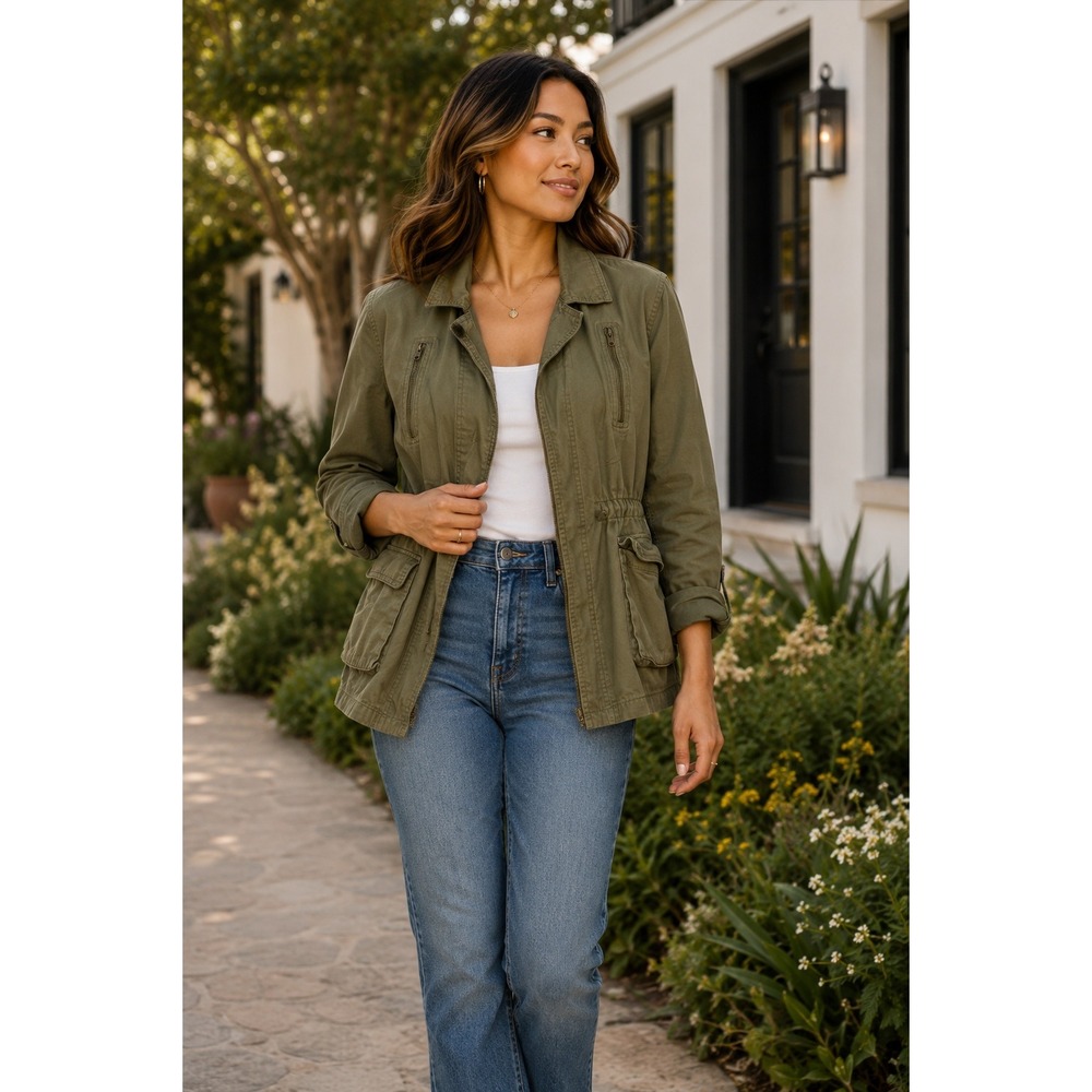 Elodie L Utility Jacket Olive Green Military Field Drawstring Waist Cargo Pocket